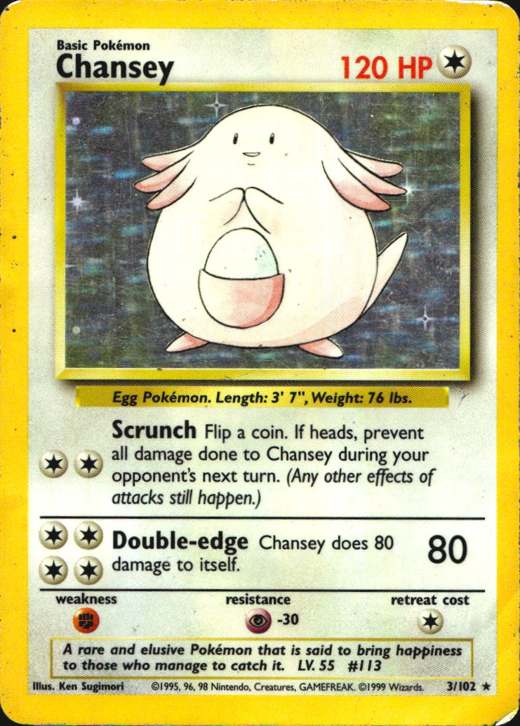 Chansey 3/102 Holo Rare Base Set Unlimited Pokemon Heavily Played