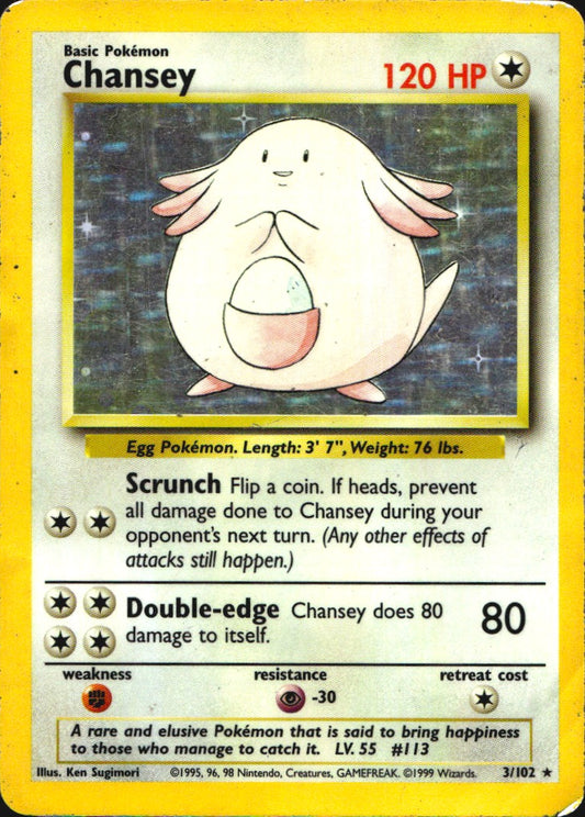Chansey 3/102 Holo Rare Base Set Unlimited Pokemon Heavily Played