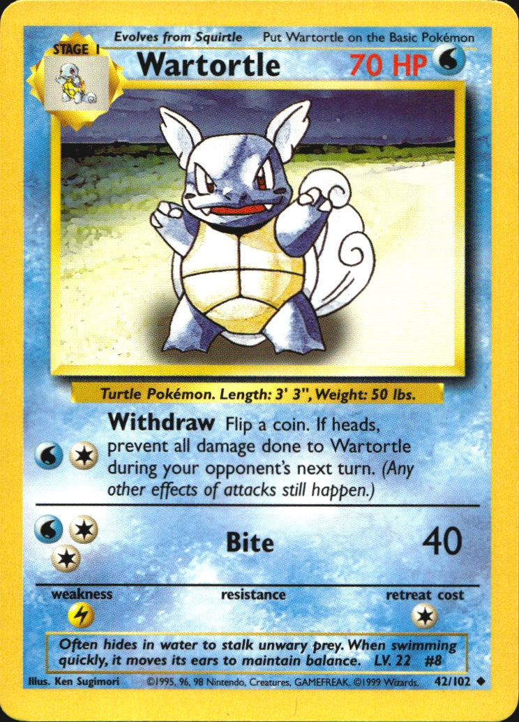 Wartortle 42/102 Uncommon Base Set Unlimited Pokemon Near Mint