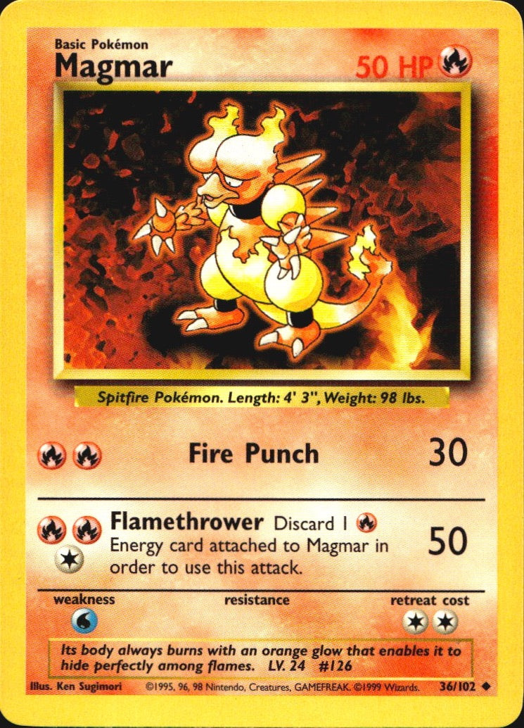 Magmar 36/102 Uncommon Base Set Unlimited Pokemon Near Mint