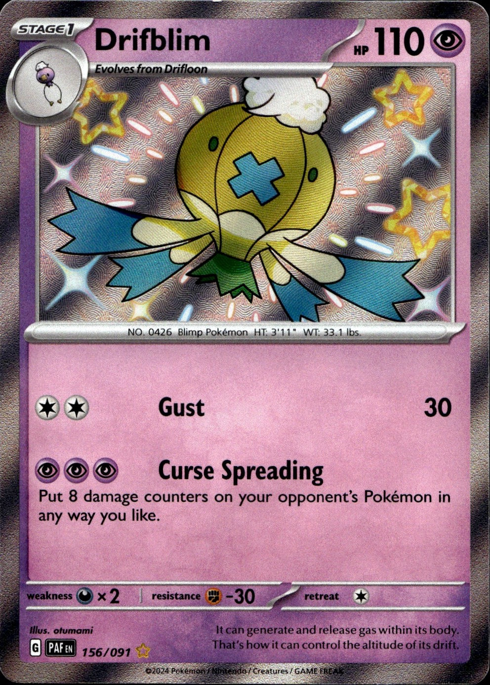 Drifblim 156/091 Shiny Rare Paldean Fates Pokemon Near Mint