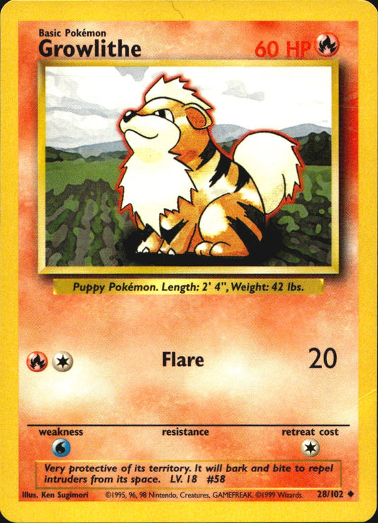 Growlithe 28/102 Uncommon Base Set Unlimited Pokemon Near Mint