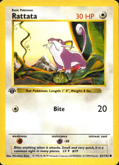 Rattata 61/102 Common Base Set Shadowless Pokemon 1st Edition Near Mint