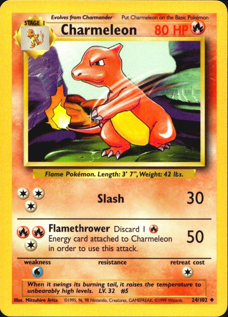 Charmeleon 24/102 Uncommon Base Set Unlimited Pokemon Near Mint