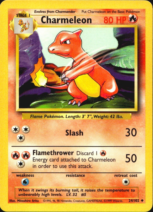 Charmeleon 24/102 Uncommon Base Set Unlimited Pokemon Near Mint