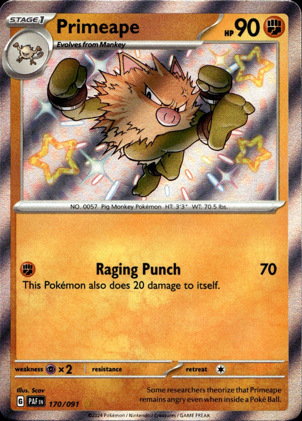 Primeape 170/091 Shiny Rare Paldean Fates Pokemon Near Mint