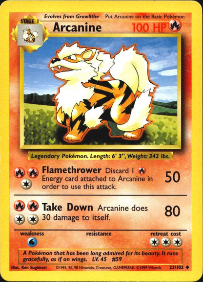 Arcanine 23/102 Uncommon Base Set Unlimited Pokemon Near Mint