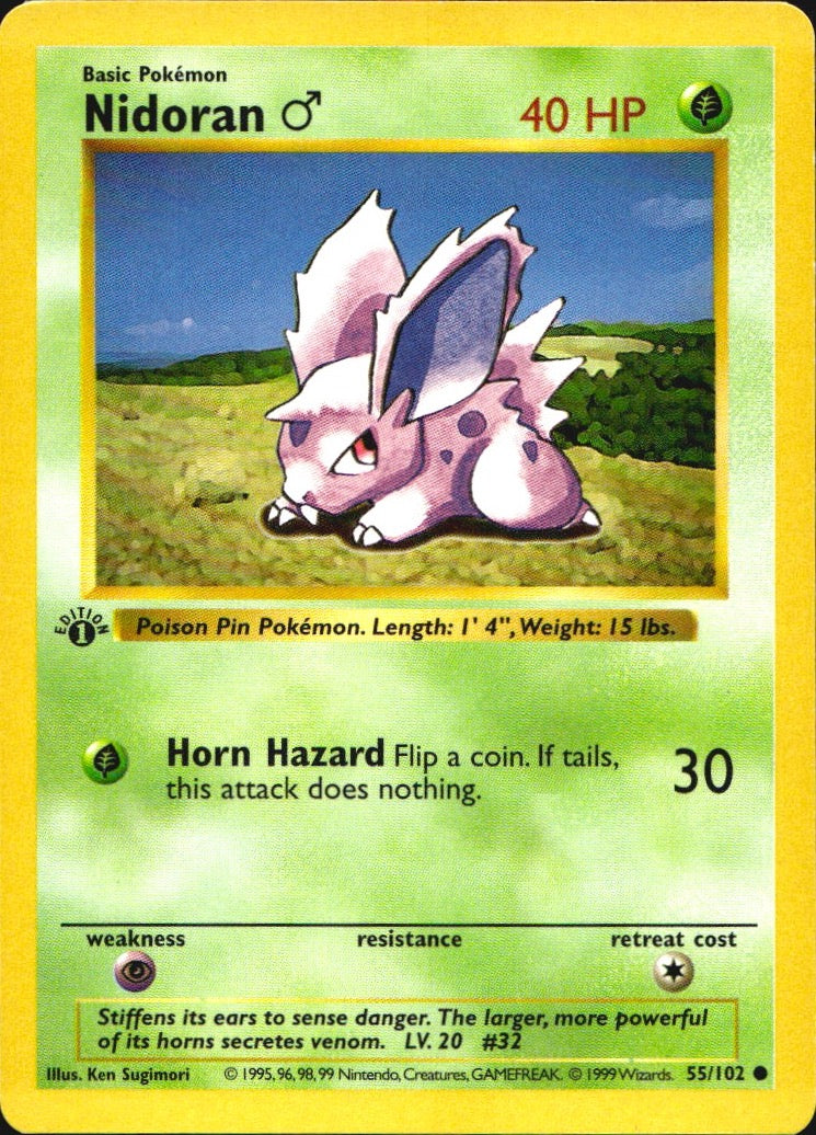 Nidoran M 55/102 Common Base Set Shadowless Pokemon 1st Edition Lightly Played