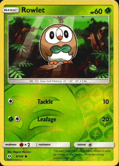 Rowlet 9/149 Common Sun & Moon Pokemon Reverse Holo Near Mint