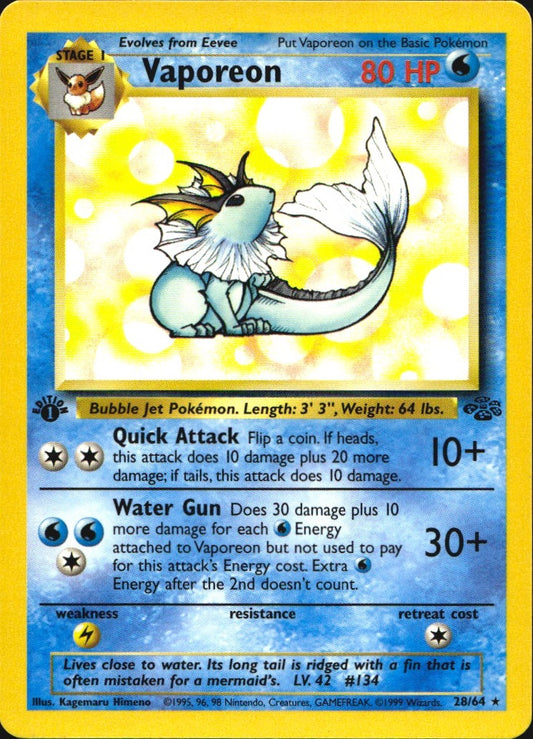 Vaporeon 28/64 Rare Jungle Pokemon 1st Edition Lightly Played