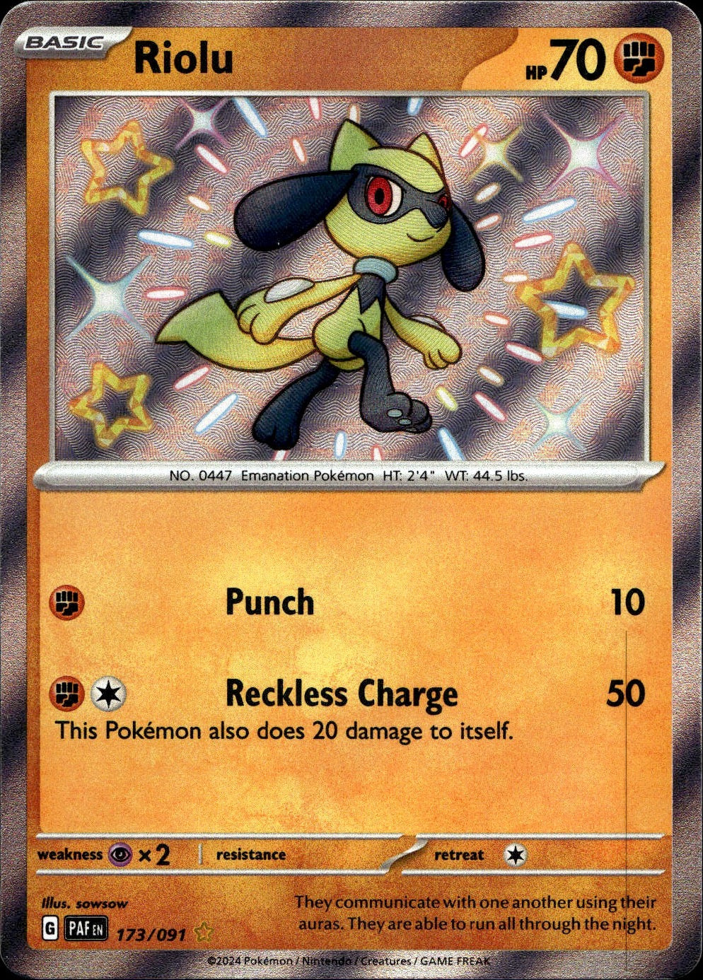 Riolu 173/091 Shiny Rare Paldean Fates Pokemon Near Mint