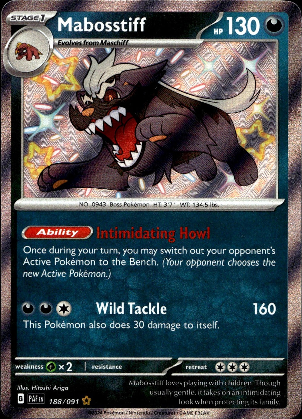 Mabosstiff 188/091 Shiny Rare Paldean Fates Pokemon Near Mint