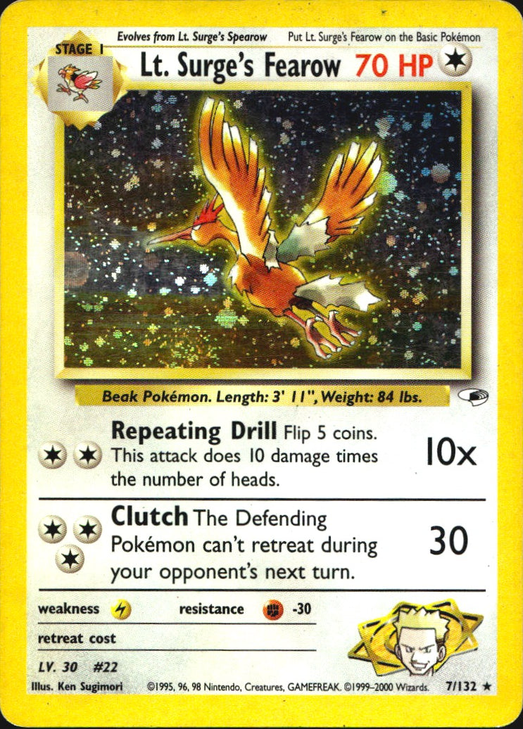 Lt. Surge's Fearow 7/132 Holo Rare Gym Heroes Pokemon Heavily Played