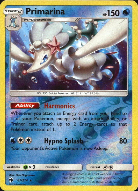 Primarina 67/214 Rare Lost Thunder Pokemon Reverse Holo Near Mint