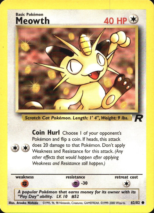 Meowth 62/82 Common Team Rocket Pokemon Near Mint