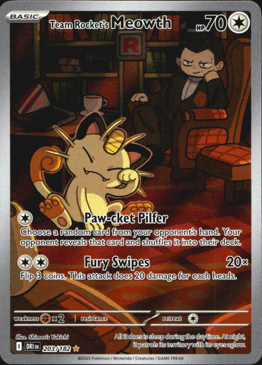Team Rocket's Meowth 203/182 Illustration Rare Destined Rivals Pokemon Near Mint