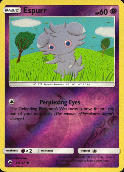 Espurr 59/147 Common Burning Shadows Pokemon Reverse Holo Near Mint