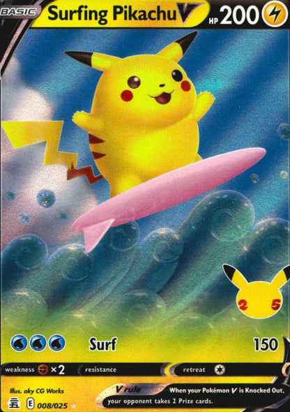 Surfing Pikachu V 008/025 Holo Rare V Celebrations Pokemon Near Mint