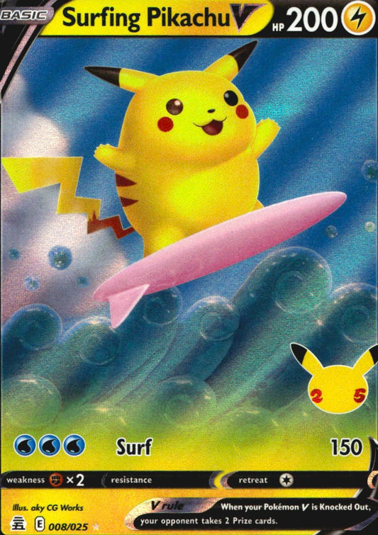 Surfing Pikachu V 008/025 Holo Rare V Celebrations Pokemon Near Mint