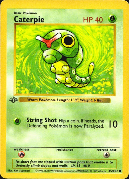 Caterpie 45/102 Common Base Set Shadowless Pokemon 1st Edition Lightly Played