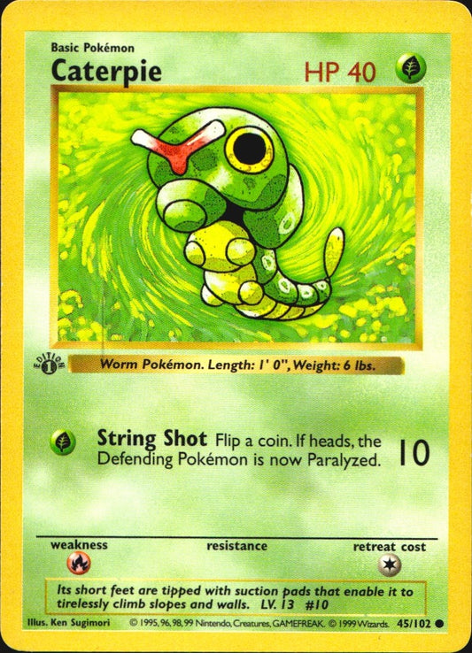 Caterpie 45/102 Common Base Set Shadowless Pokemon 1st Edition Lightly Played