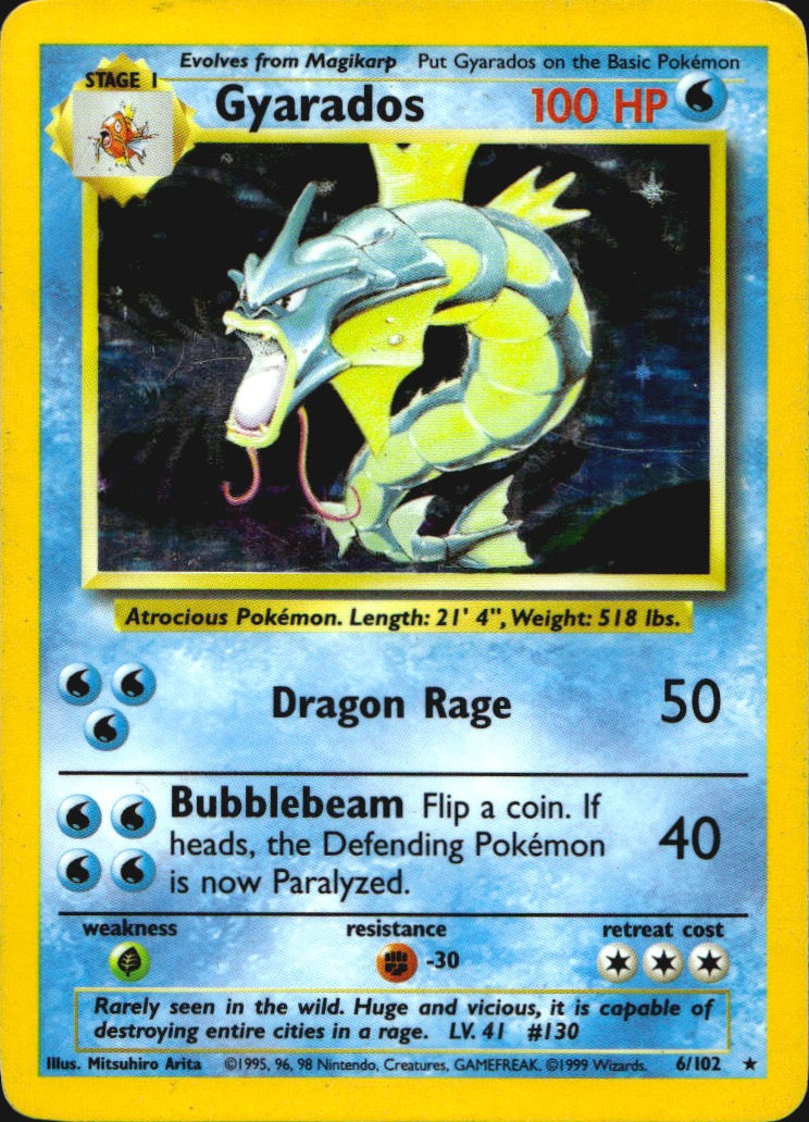 Gyarados 6/102 Holo Rare Base Set Unlimited Pokemon Moderately Played