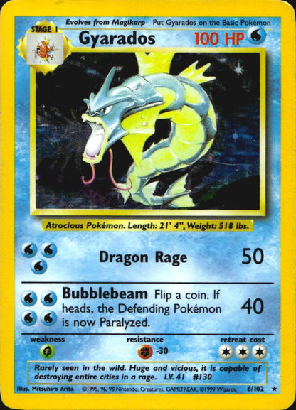 Gyarados 6/102 Holo Rare Base Set Unlimited Pokemon Moderately Played