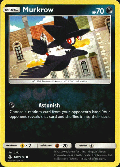 Murkrow 108/214 Common Unbroken Bonds Pokemon Reverse Holo Near Mint