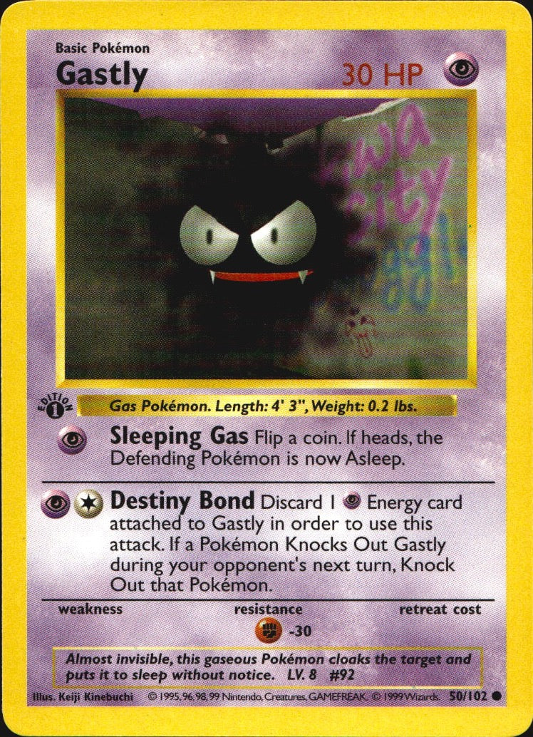 Gastly 50/102 Common Base Set Shadowless Pokemon 1st Edition Near Mint