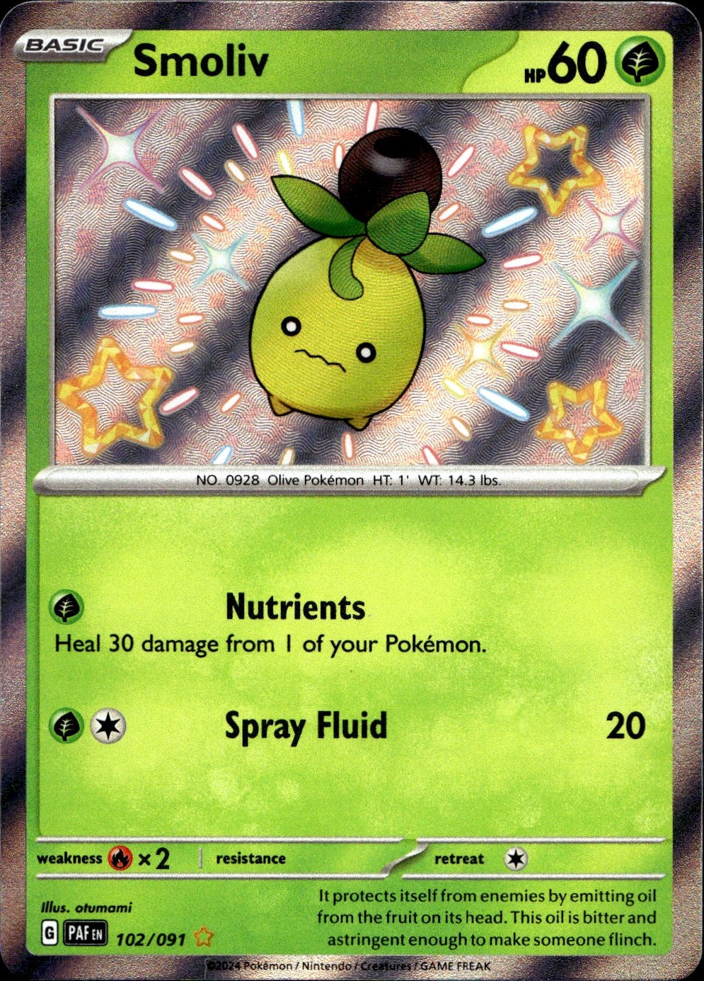 Smoliv 102/091 Shiny Rare Paldean Fates Pokemon Near Mint