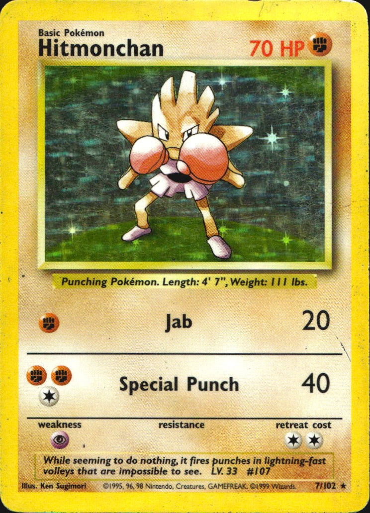 Hitmonchan 7/102 Holo Rare Base Set Unlimited Pokemon Heavily Played