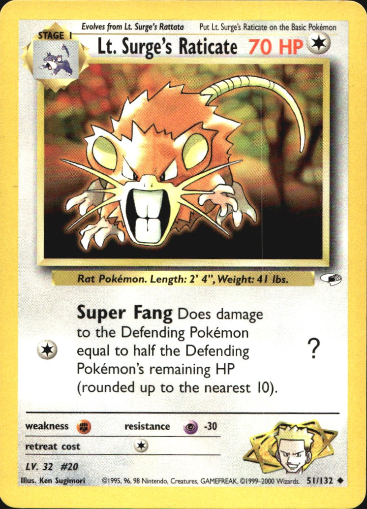 Lt. Surge's Raticate 51/132 Uncommon Gym Heroes Pokemon Near Mint