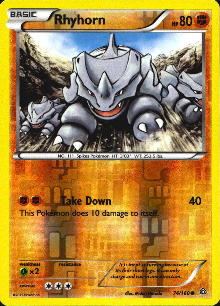 Rhyhorn 74/160 Common Primal Clash Pokemon Reverse Holo Near Mint