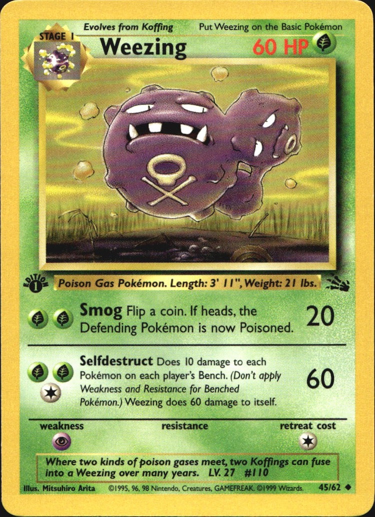 Weezing 45/62 Uncommon Fossil Pokemon 1st Edition Near Mint