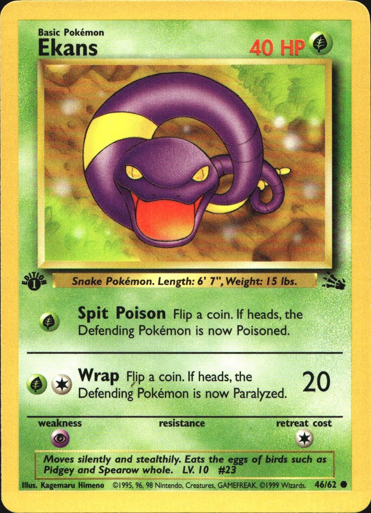 Ekans 46/62 Common Fossil Pokemon 1st Edition Near Mint