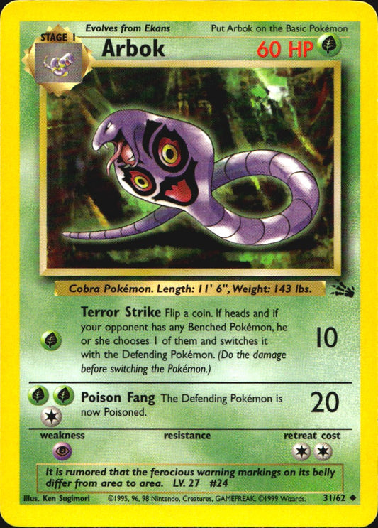 Arbok 31/62 Uncommon Fossil Pokemon Near Mint