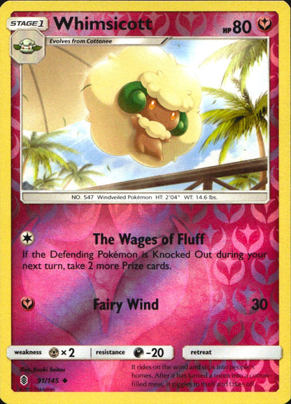 Whimsicott 91/145 Uncommon Guardians Rising Pokemon Reverse Holo Near Mint