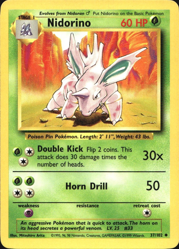 Nidorino 37/102 Uncommon Base Set Pokemon Near Mint
