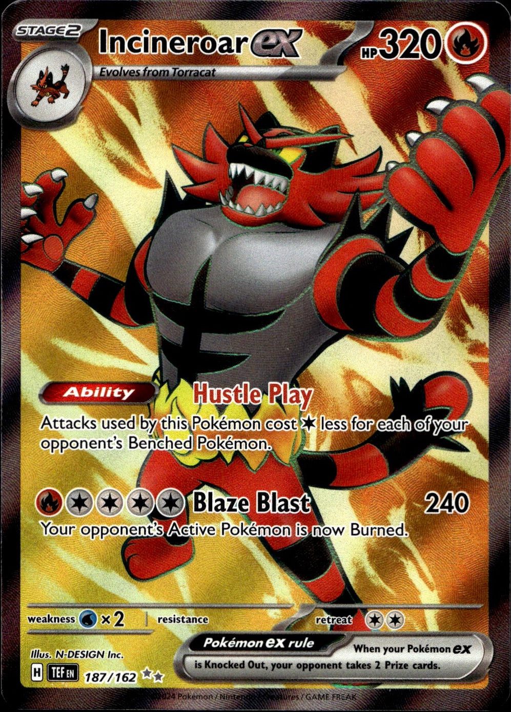 Incineroar ex 187/162 Ultra Rare Temporal Forces Pokemon Near Mint