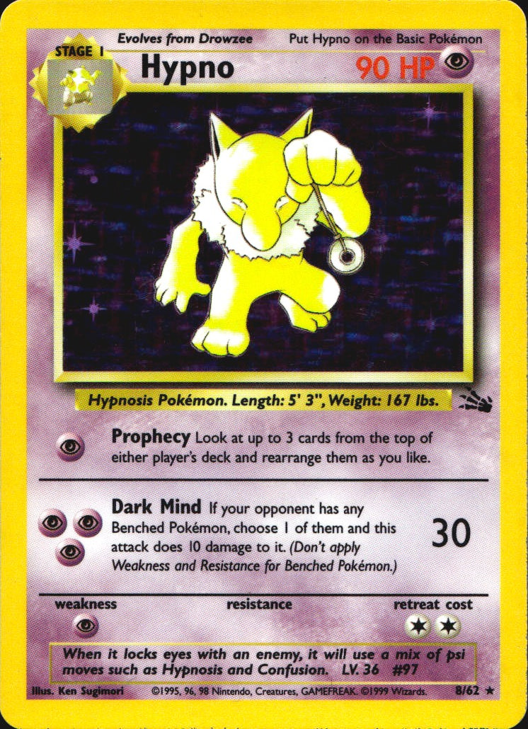 Hypno 8/62 Holo Rare Fossil Pokemon Lightly Played