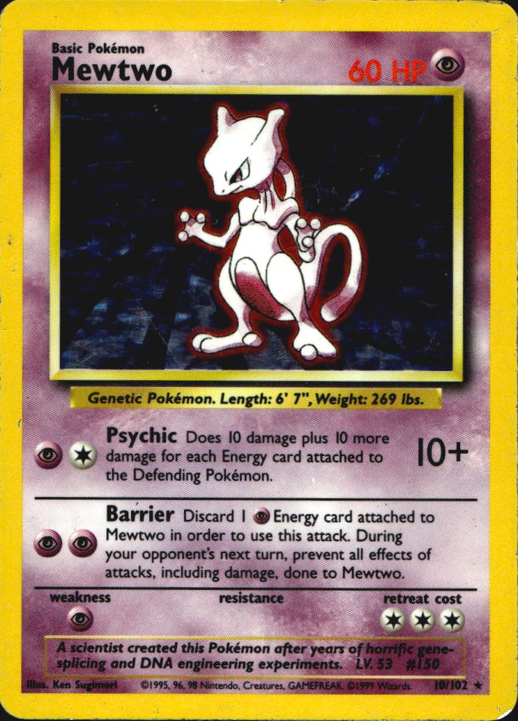 Mewtwo 10/102 Holo Rare Base Set Unlimited Pokemon Heavily Played