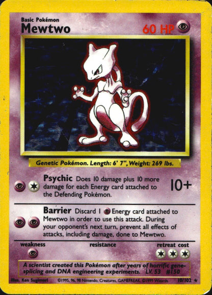 Mewtwo 10/102 Holo Rare Base Set Unlimited Pokemon Heavily Played