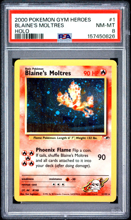 Blaine's Moltres 1/132 Holo Gym Heroes Pokemon PSA 8