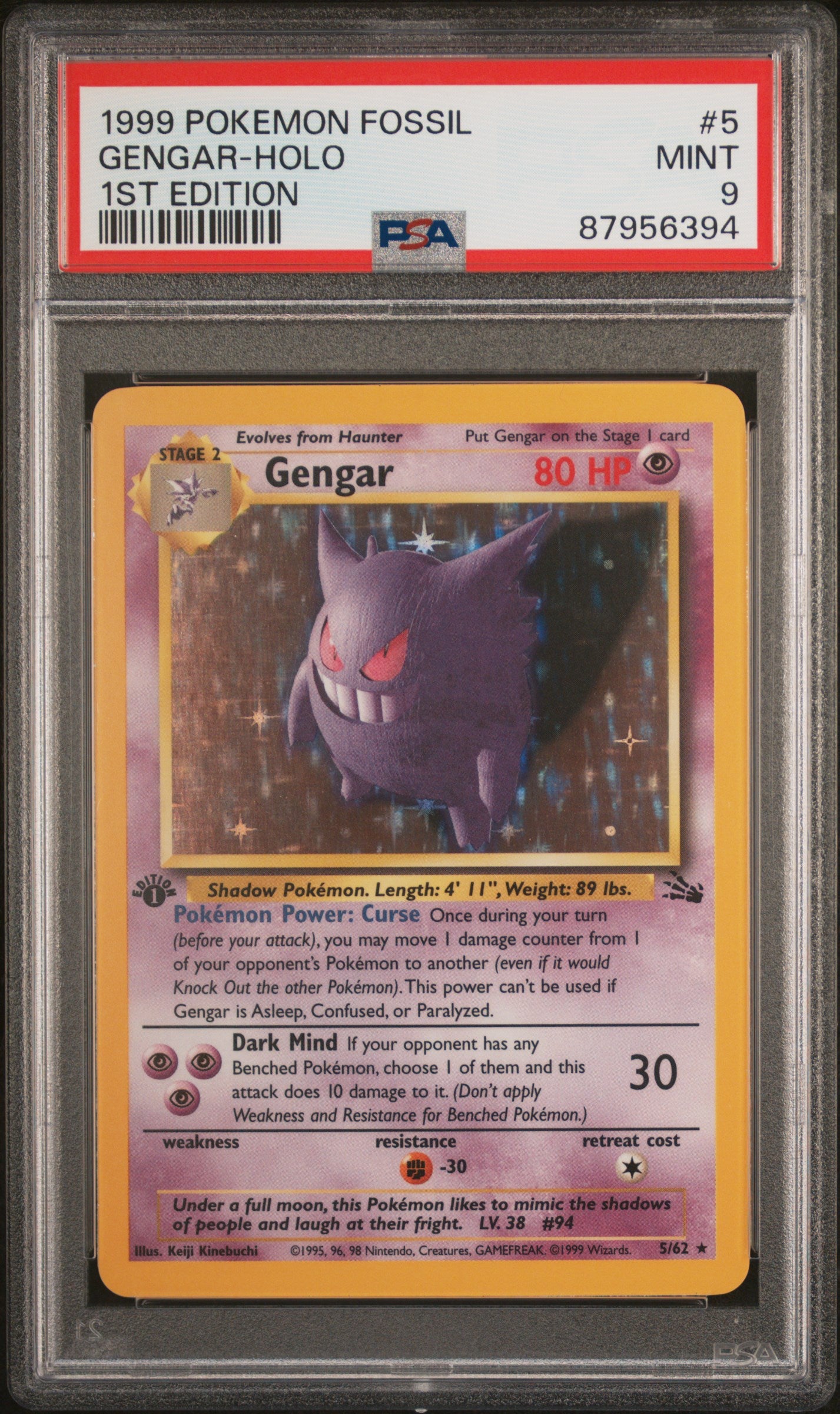 Gengar Holo 5/62 1st Edition Fossil Pokemon PSA 9