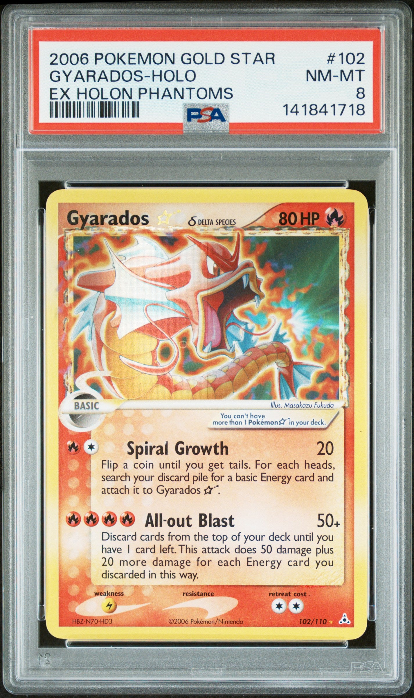 Gyarados Holo 102/110 Gold Star Holon Phantoms Pokemon PSA 8